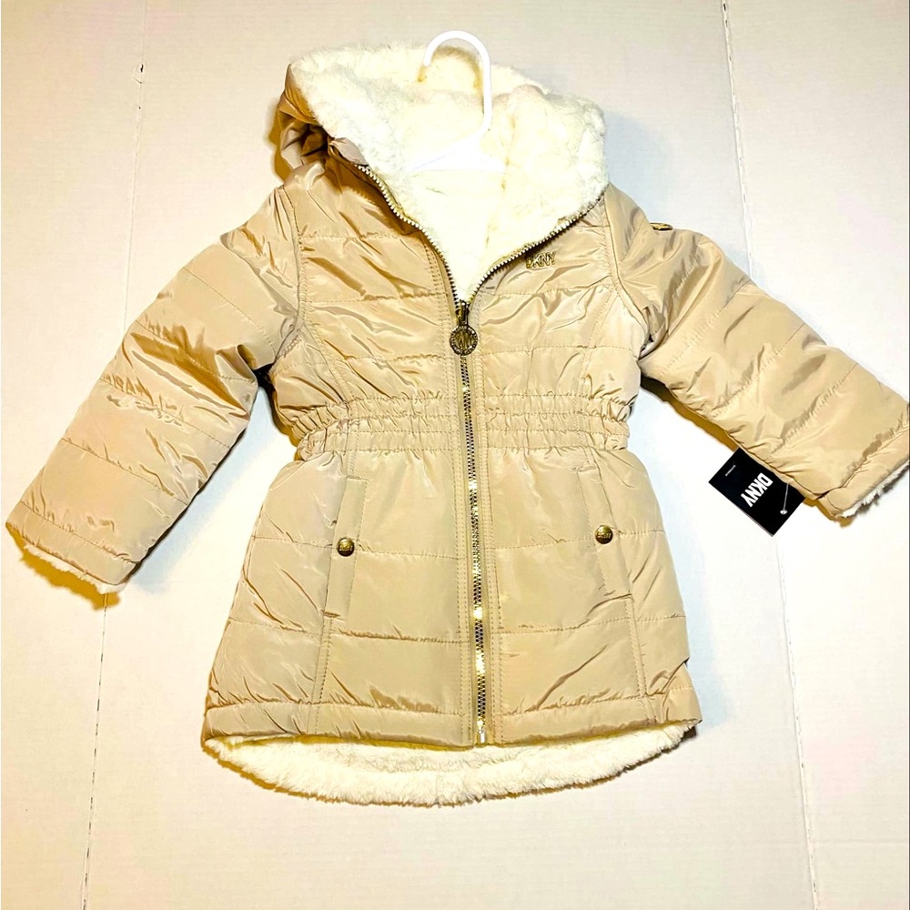 DKNY youth size 8 goose down dress coat. Supple faux fur lining.